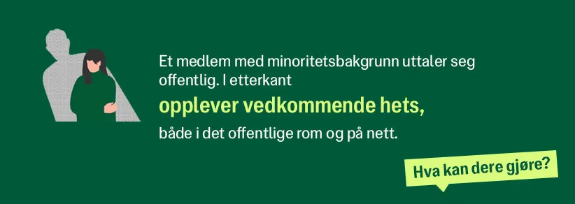 Et medlem med minoritetsbakgrunn uttaler seg offentlig. I etterkant opplever vedkommende hets, både i det offentlig rom og på nett.