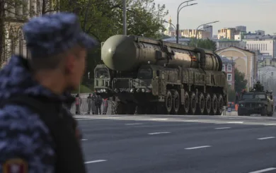 A Russian Yars intercontinental ballistic missile launcher is photographed on 7 May 2025 while driving in downtown Moscow during preparations for the general rehearsal of the annual military parade ahead of Victory Day celebrations in Red Square two days later.